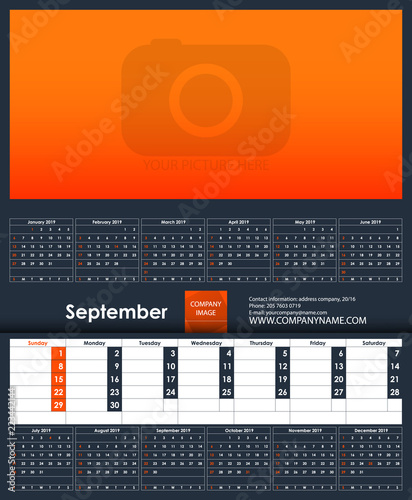 2019 Calendar template. September. Place for your photo. Business Planner Template. Stationery Design. Week starts Sunday. 1 large month on the page and all year little months. Vector Illustration