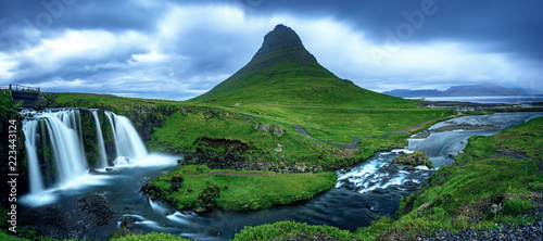 Kirkjufell mountain and waterfalls in Iceland, panoramic travel background