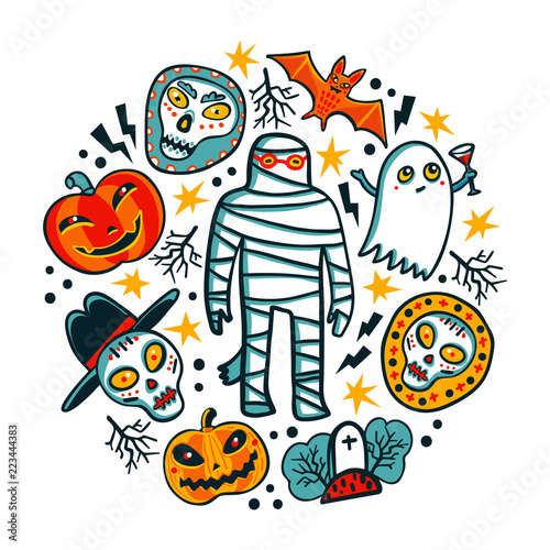 Halloween design elements. Cartoon pumpkins  mummy  bat  ghost and skulls on white background. Trick or treat concept. Vector illustration