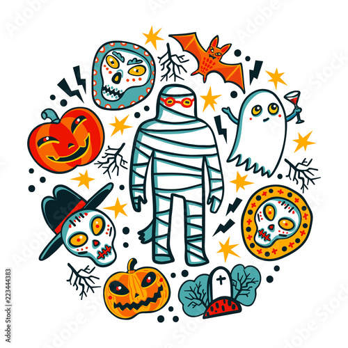 Halloween design elements. Cartoon pumpkins, mummy, bat, ghost and skulls on ...