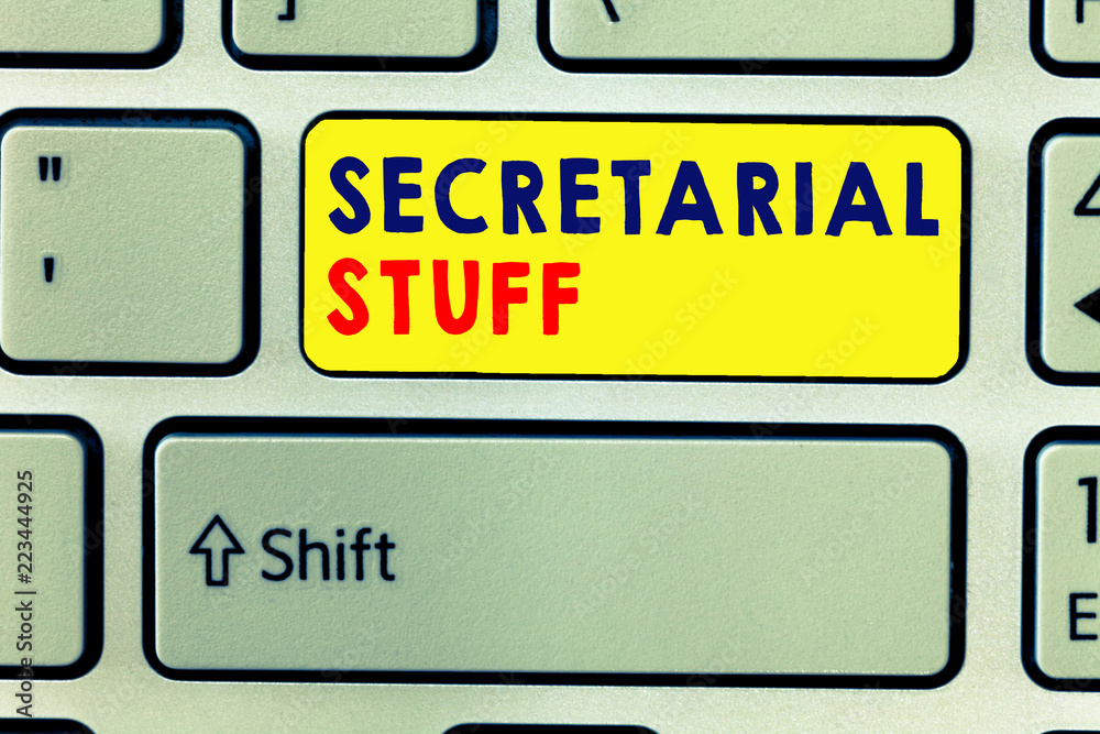 Handwriting text writing Secretarial Stuff. Concept meaning Secretary belongings Things owned by personal assistant. Handwriting text writing Secretarial Stuff. Concept meaning Secretary belongings Things owned by personal assistant.