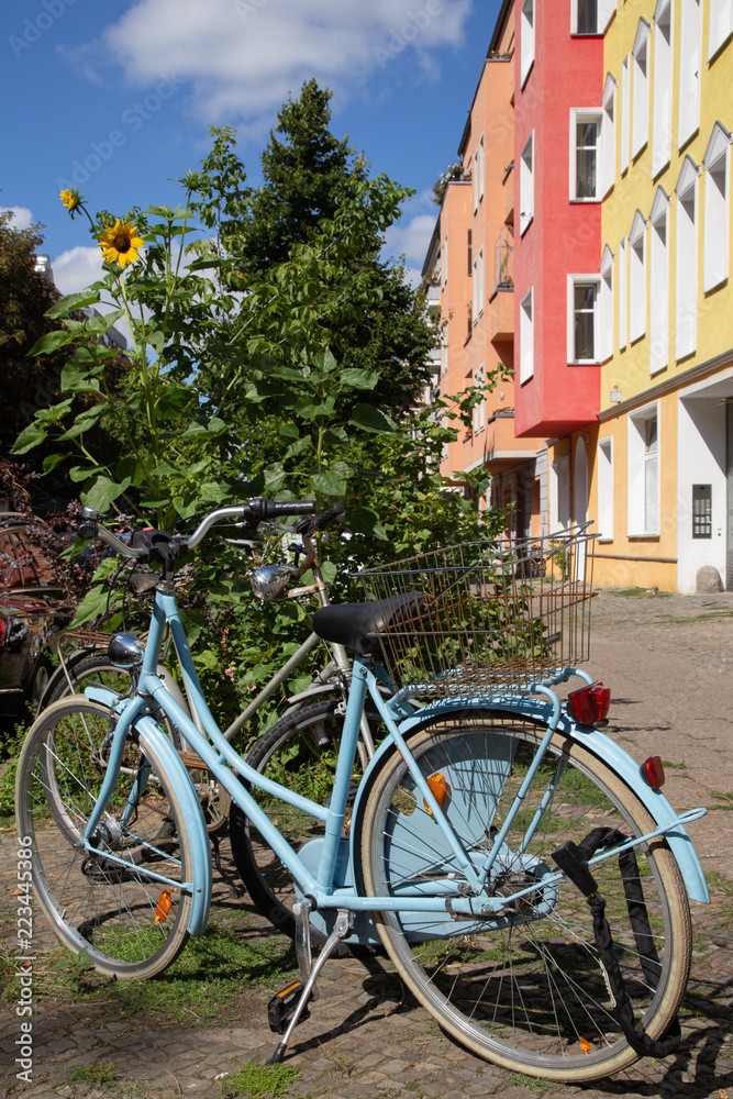Fahrrad und Sonnenblume vor Fassade in Berlin