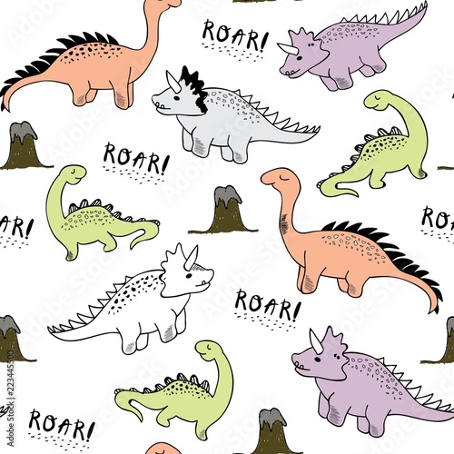 childish dinosaur seamless pattern for fashion clothes  fabric  t shirts. hand drawn vector with lettering