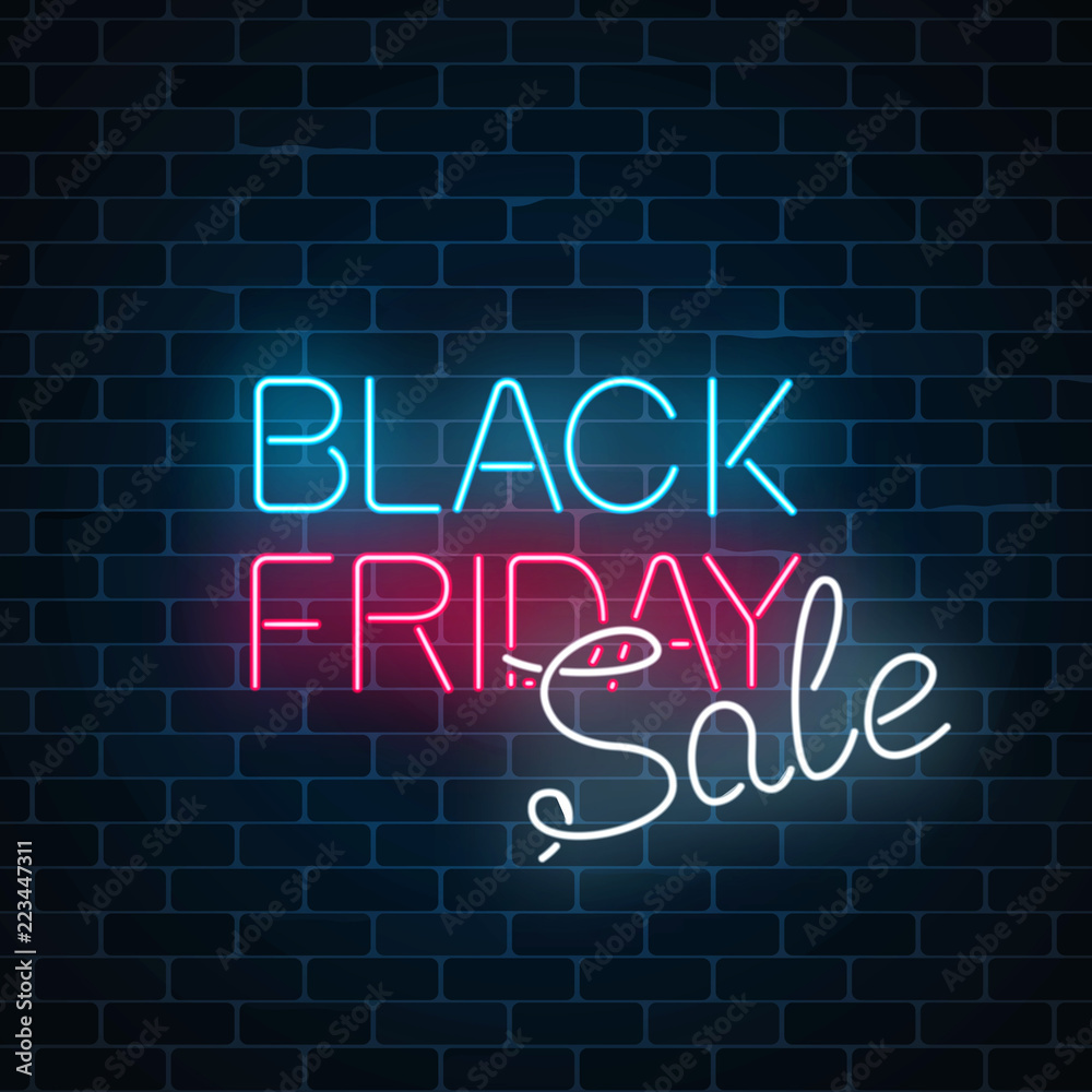 Glowing neon sign of black friday sale on dark brick wall background. Seasonal sale web banner. Glowing neon sign of black friday sale on dark brick wall background. Seasonal sale web banner.