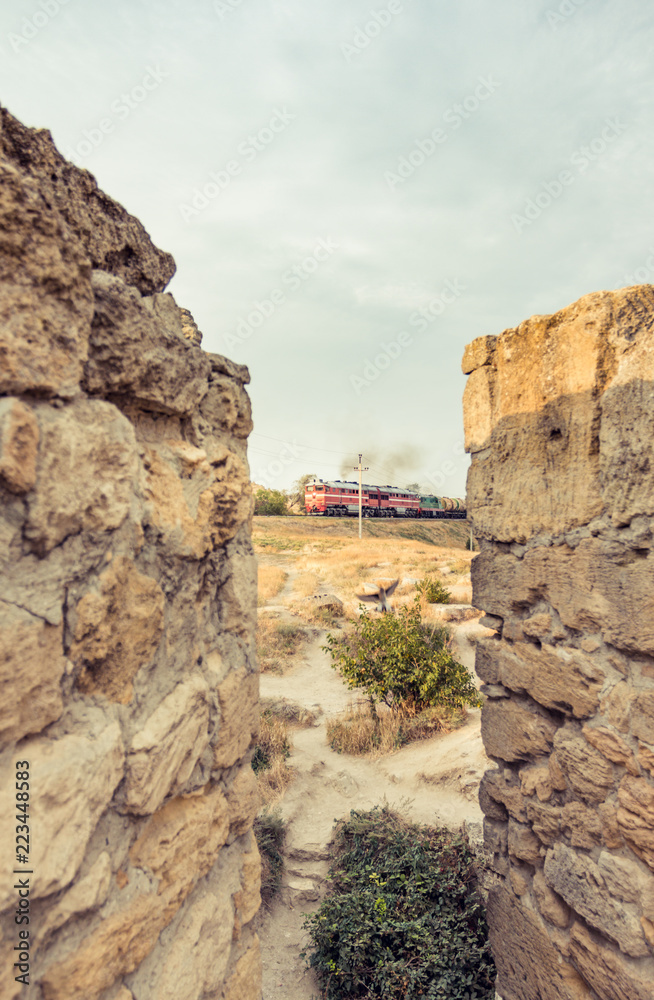 locomotive in motion, view from the fortress