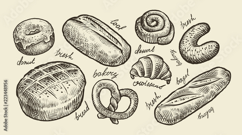 Bread, bakery sketch. Fresh pastry, food, set of hot baked goods. Vintage vector illustration
