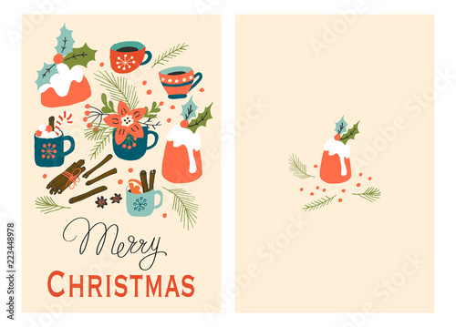 Christmas Holiday Greeting Cards with Pudding and Hot Drink. Xmas winter poster collection