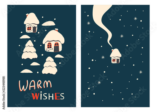 Christmas Holiday Greeting Cards with Houses. Xmas winter poster collection