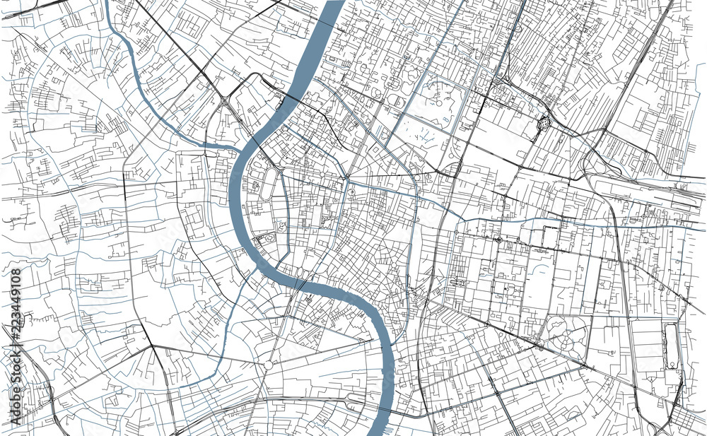 Naklejka premium Mapa Bangkoku, widok satelitarny, miasto, Tajlandia. Drogi i rzeki. Mapa