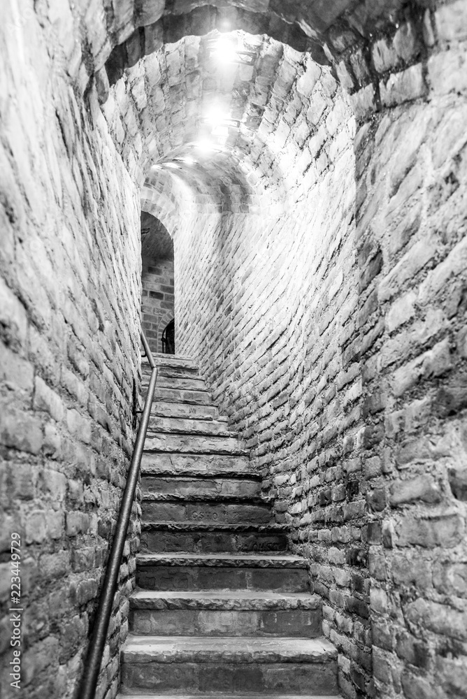 Obraz premium Narrow staircase in old cellar with brick walls. Black and white image.