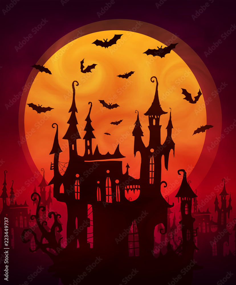 12x18 Moon Orange Sky Tree On Hill Bats Flying Picture Boo Print Large Scary Halloween Seasonal Decoration Sign Alum