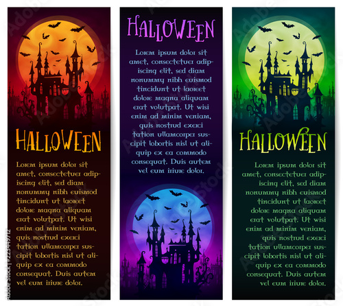 Set of vertical vector Halloween banners with big moon, ghost castle and bats silhouettes on dark background photo