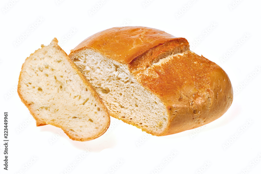 homemade bread, cut a slice. Isolated on white background