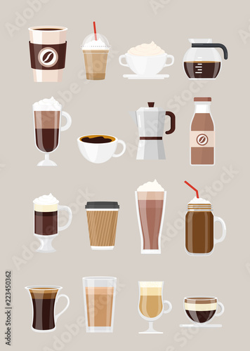 Vector illustration set of different coffee drinks, coffee in cups, glasses isolated on grey background. Coffee maker, chocolate milkshake, espresso, macchiato, cocoa and frappe, americano, latte and