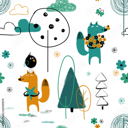 Seamless Pattern With Funny Fox.