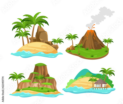 Vector illustration set of different scenes of tropical islands with palm trees and mountains, volcano isolated on white background in flat cartoon style.