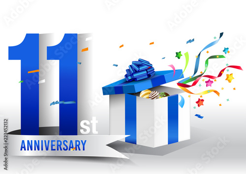 11 years anniversary background with ribbon, confetti and gift on white. Poster or brochure template. Vector illustration.