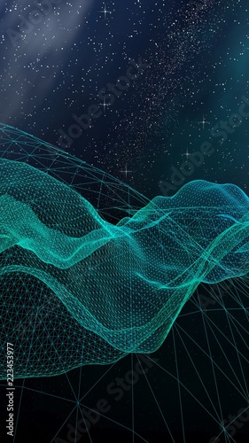 Star horizon. Abstract landscape on a dark background. Cyberspace grid. Hi-tech network. Outer space. Starry outer space texture. 3D illustration