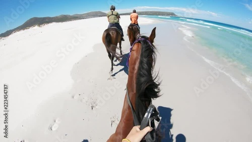 POV, horseback riders on beach