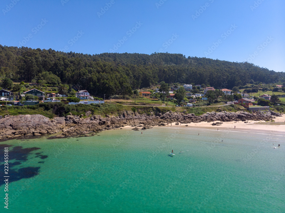  Aerial view of a beach with crystal clear water. Top view of beauty nature landscape with a tropical beach, top view