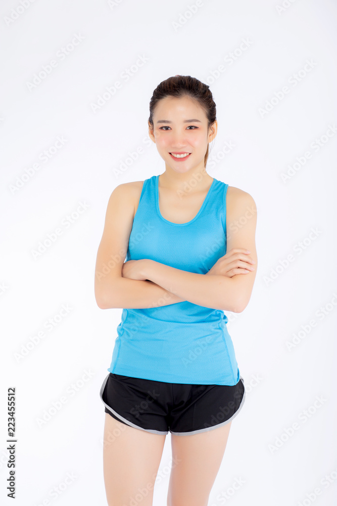 Beautiful portrait young asian woman in sport clothing with satisfied and confident isolated on white background, girl asia have shape and wellness, exercise for fit with health concept. Beautiful portrait young asian woman in sport clothing with satisfied and confident isolated on white background, girl asia have shape and wellness, exercise for fit with health concept.