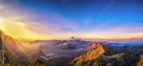 Panorama of Mount Bromo volcano (Gunung Bromo) during sunrise in East Java, Indonesia.
