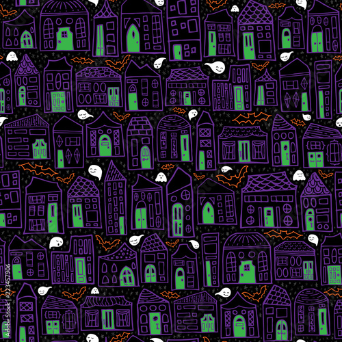 Seamless Vector Halloween Haunted House Pattern - Purple Homes, Green Doors, Happy Ghosts, & Bats