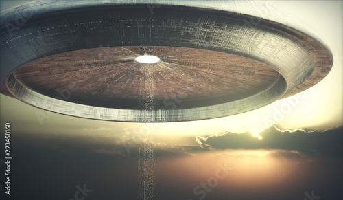 3D illustration of UFO. Alien spacecraft teleporting aliens to the ground.
