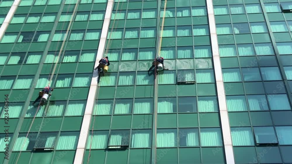 Window washers hanging from ropes cleaning high-rise building windows