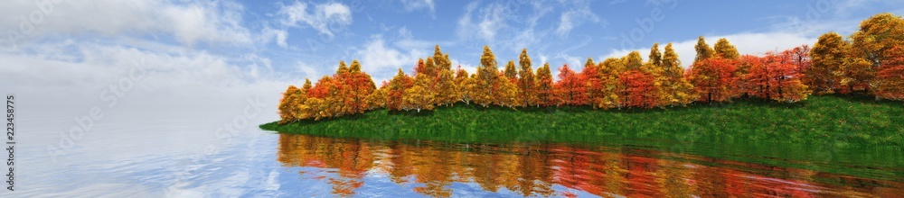 Edge of the autumn forest. Panorama of autumn trees.
