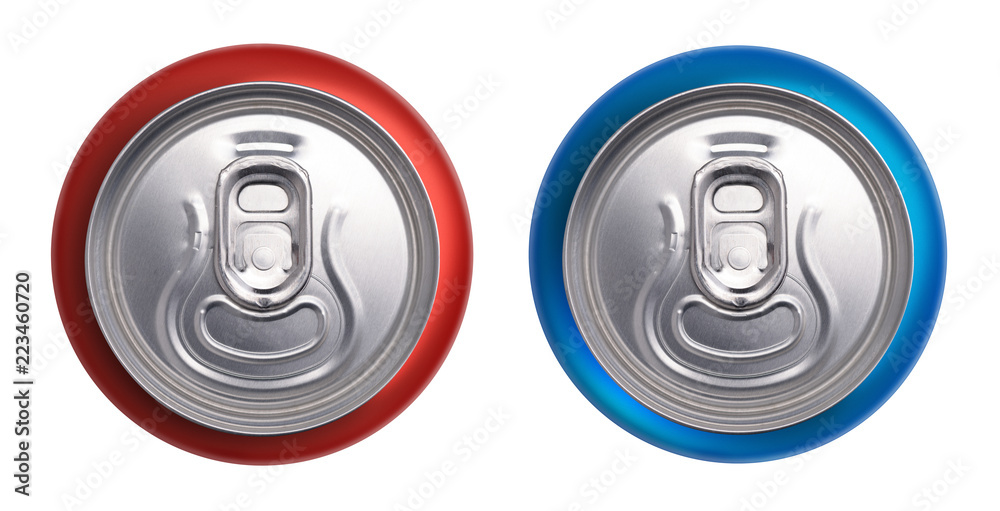 Red and blue cans top view isolated on white background Red and blue cans top view isolated on white background