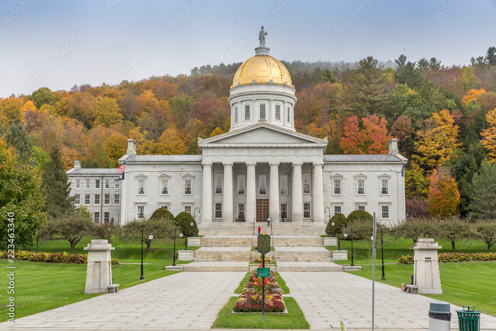 Vermont State House and Golden Dome in Montpelier Vermont With Backdrop of Autumn Colors