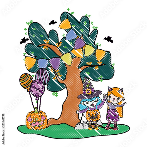 grated grils with costumes and pumpkin with balloons and tree