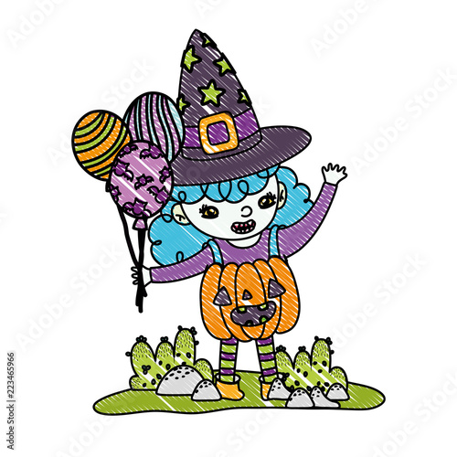grated happy gril with pumpkin costume and balloons