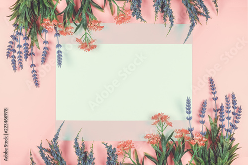 frame with flowers on pink background vintage style