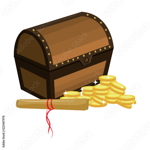 wooden chest with gold coins and parchment