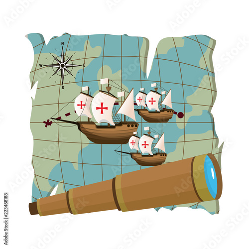 global map with ships sails and monocular