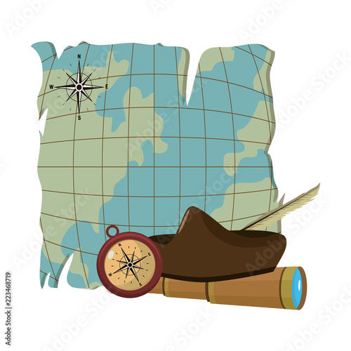 global map with monocular and compass with hat