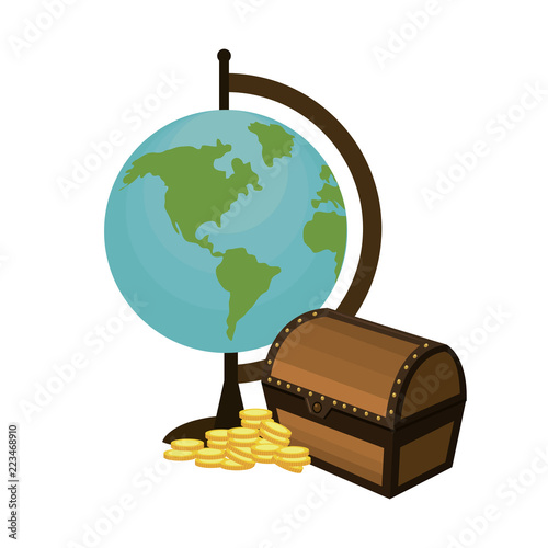 global map desk with chest and coins