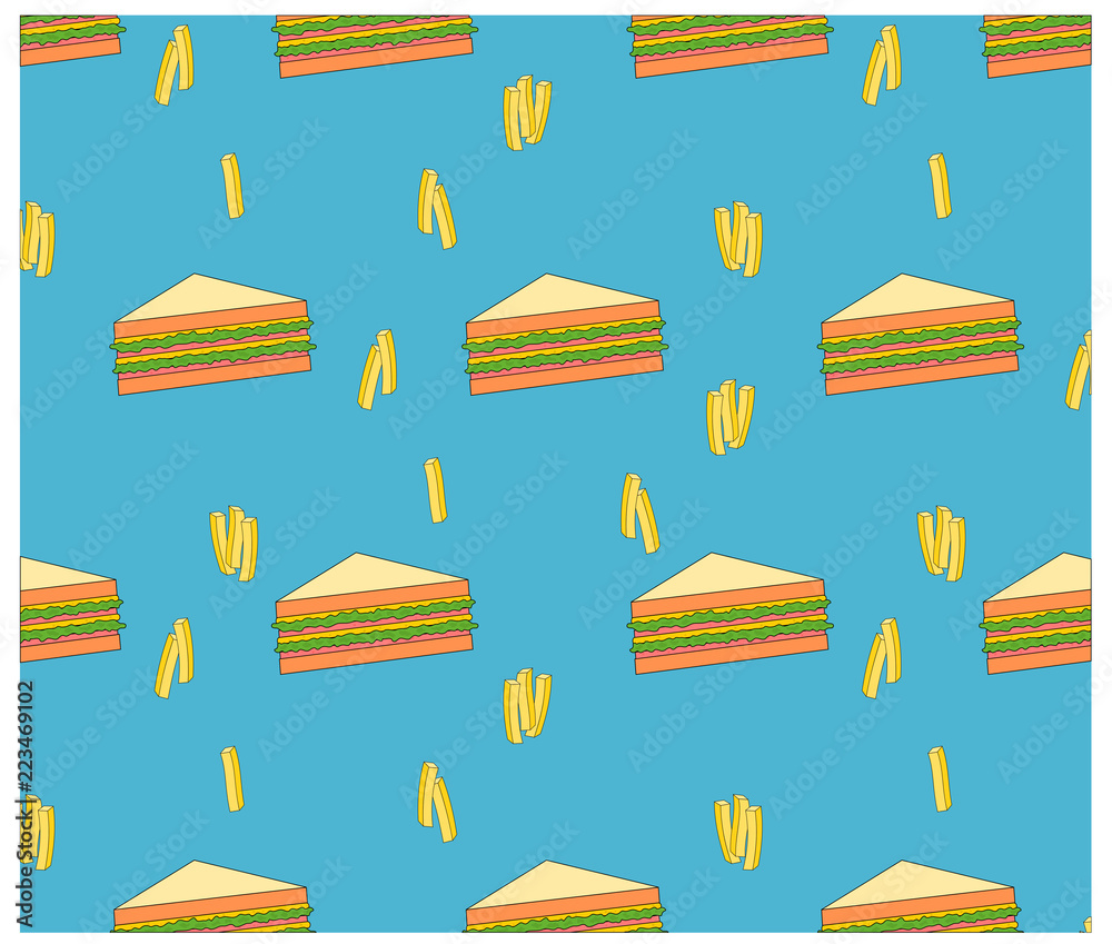 Beautiful seamless delicious fast food sandwich and french fries pattern background Beautiful seamless delicious fast food sandwich and french fries pattern background