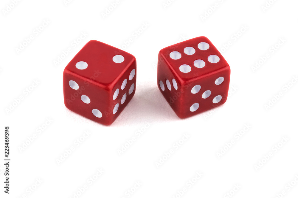 Two red dice closeup, isolated on white background, two and six Two red dice closeup, isolated on white background, two and six