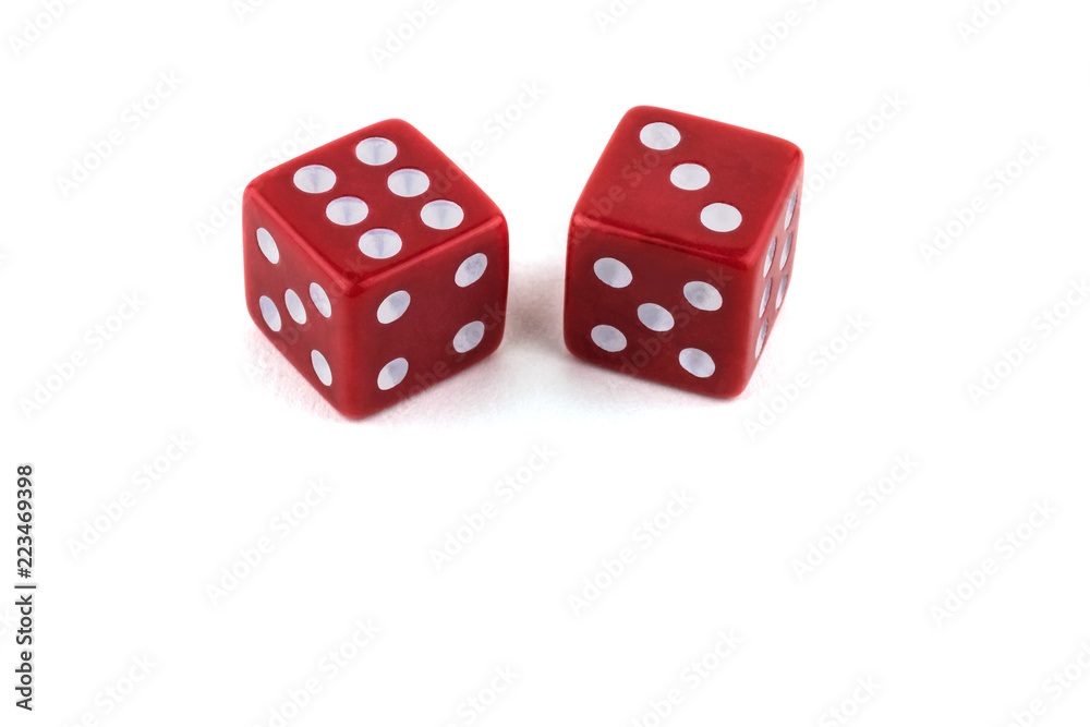 Two red dice closeup, isolated on white background, six and three Two red dice closeup, isolated on white background, six and three