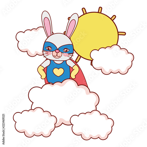 rabbit with costome mask and cape in the clouds with sun photo