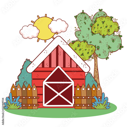 farm house with wooden fence and tree