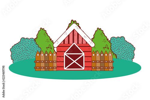 farm house with trees and wooden fence