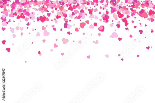 Valentines Day background. Confetti hearts petals falling. Heart shapes isolated on white background. Love concept.