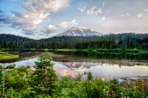 Mt Rainier and Reflection Lake at sunrise
