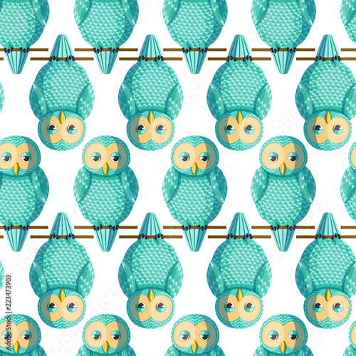 Seamless vector pattern with turquoise owls.