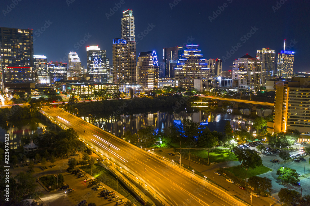 Downtown Austin Texas Skyline Night Long Exposure Aerial Photo