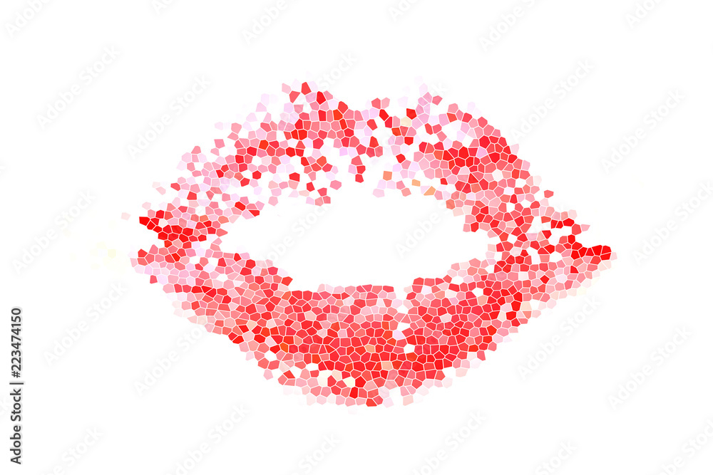 Pixelated lipstick kiss on white background.